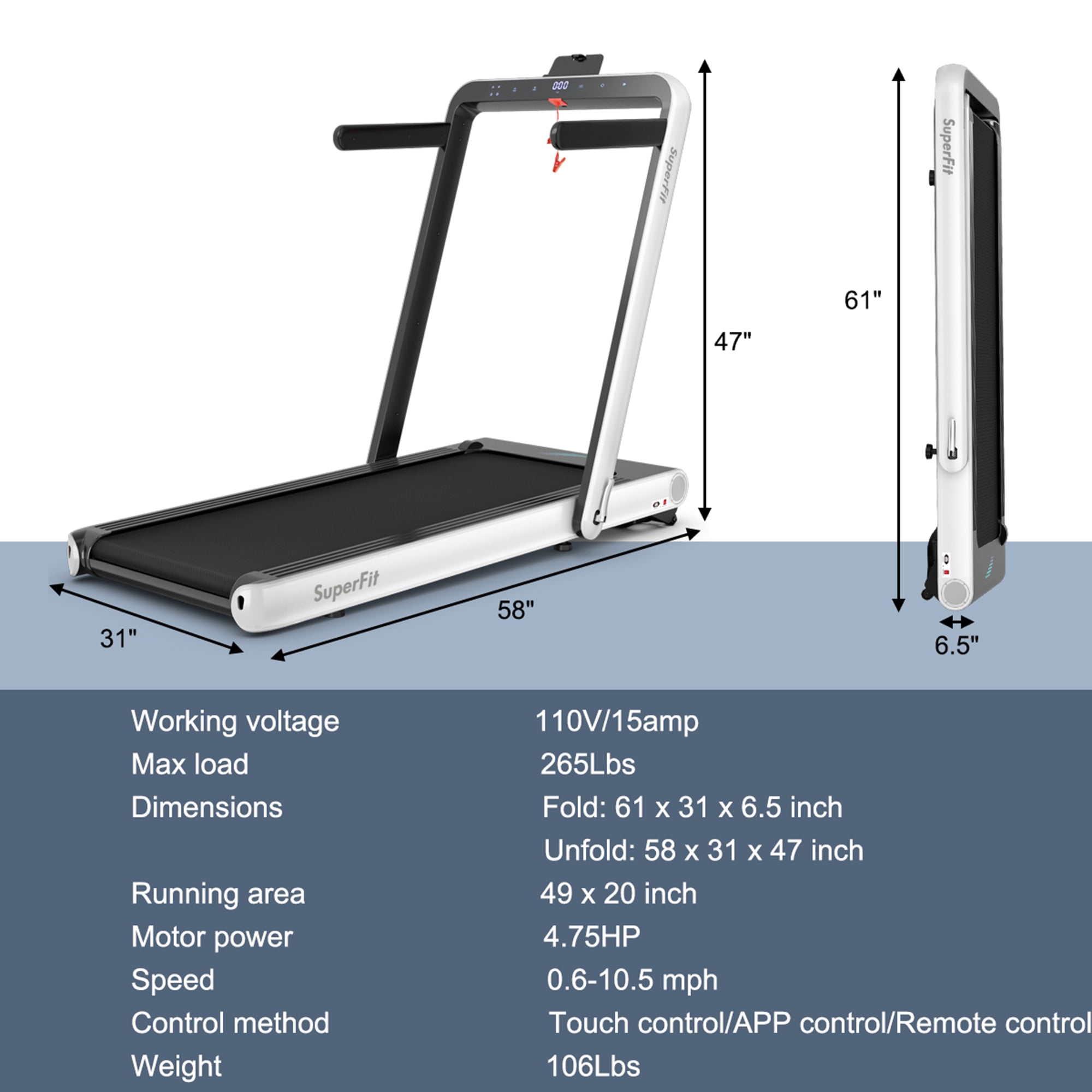 Gymax 2 in 1 Folding Treadmill  4.75HP Running Machine w/ APP & Remote Control White