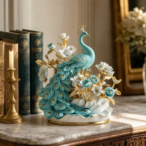 Darzheoy Peacock Acrylic Stand Ornament, Turquoise Floral Tabletop Figurine, Decorative Desktop Accent Piece, Home Decor for Living Room Office Table Shelf