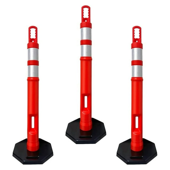 (Pack of 3 Sets) 45" inch Orange Delineator Post Cone with 10 lbs. Rubber Base Heavy Duty, 2 Reflective Bands for Driveway, Parking Cones (Set of 3 (Post & Base))