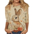 thumbnail image 2 of Easter Apparel for Women Realistic Bunny Rabbit Painting Graphic Print Crewneck Three Quarter Sleeve Soft Fabric Casual Festive Holiday T-Shirt, 2 of 5