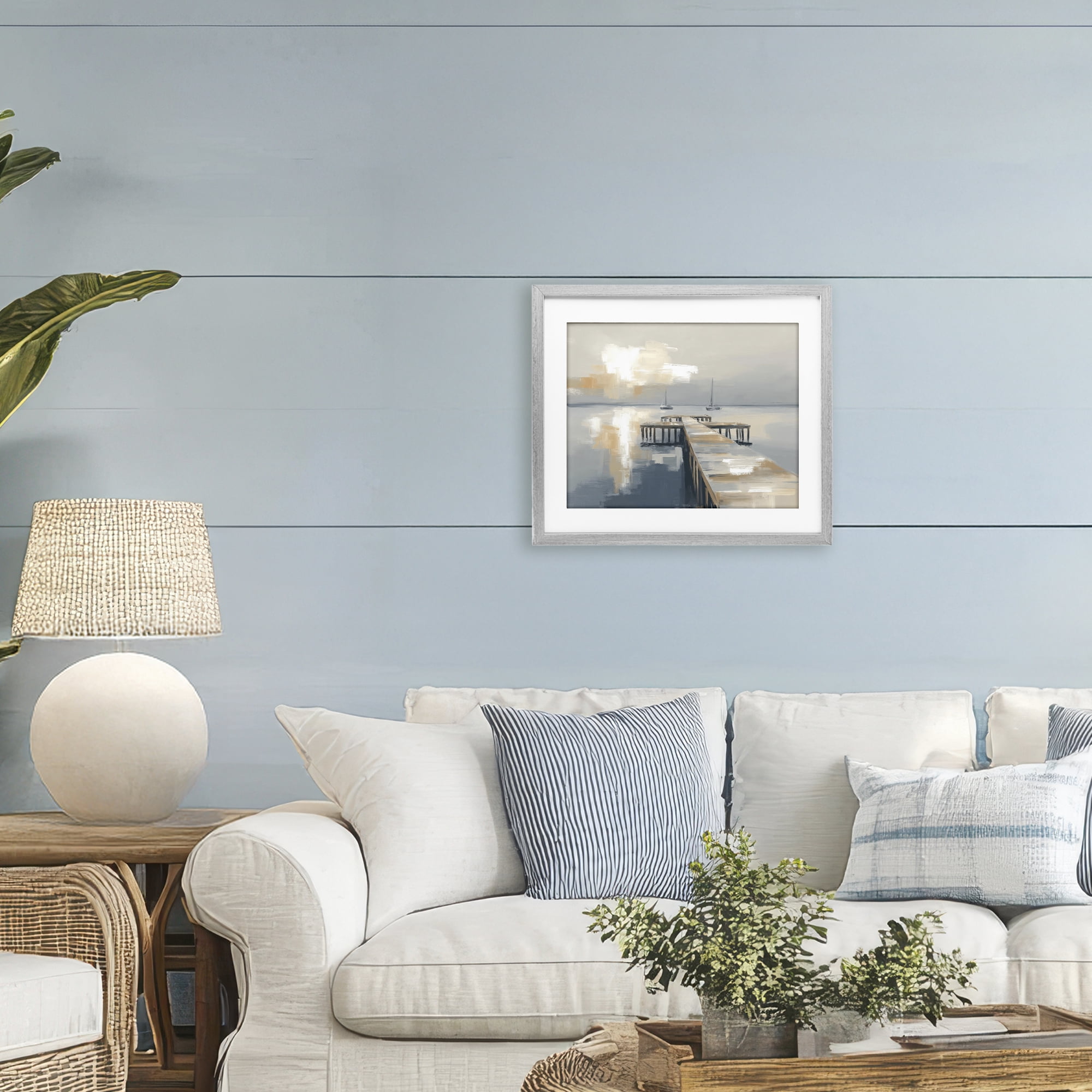 Stupell Industries Pier with Two Boats Seascape Gray Framed Print Under Glass, design by Kim Curinga