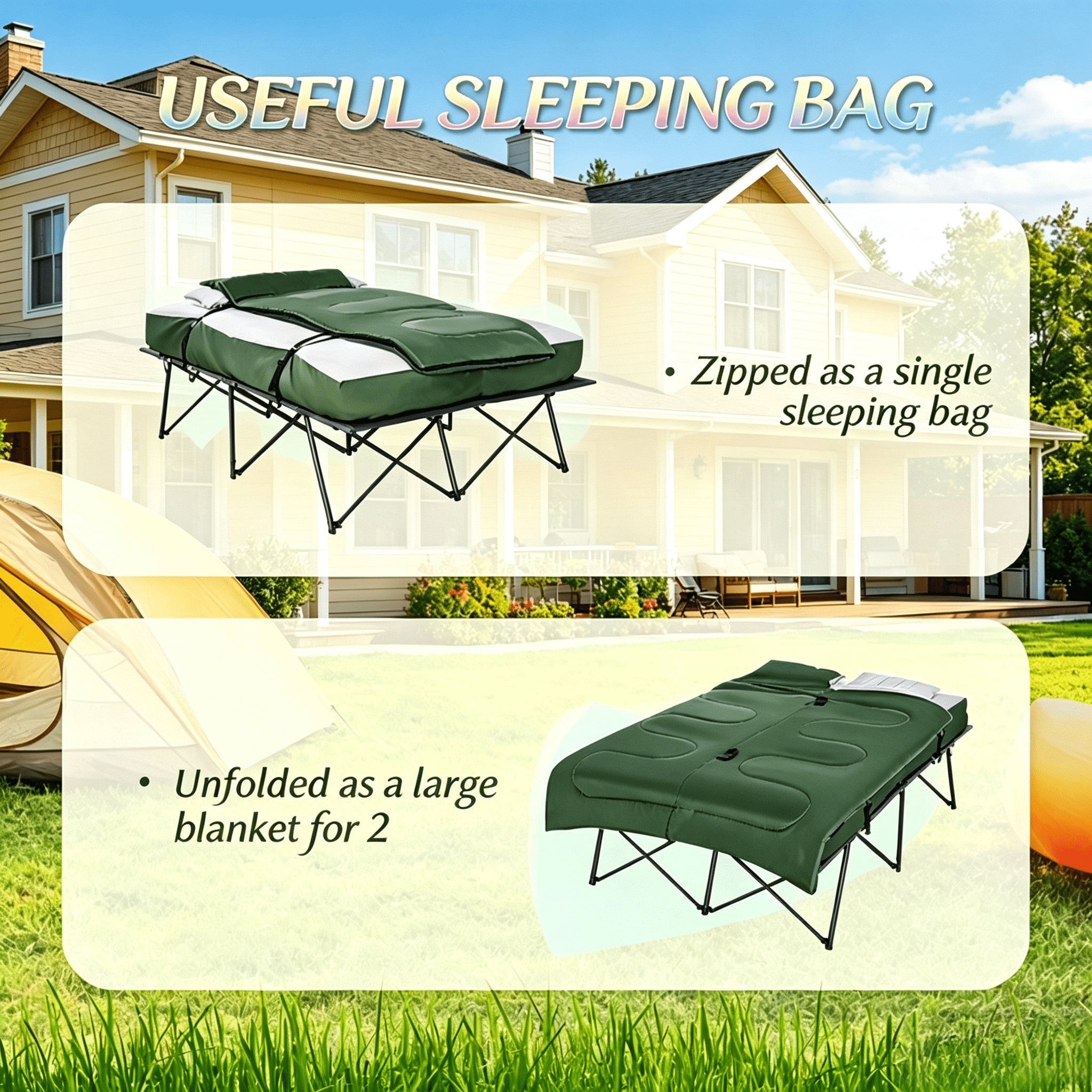 2 Person Foldable Outdoor Camping Cot Set, Multifunctional Portable Elevated Tent Cot with Inflatable Air Mattress, Sleeping Bag, Pillows & Carry Bag, for Outdoor Camping Travel