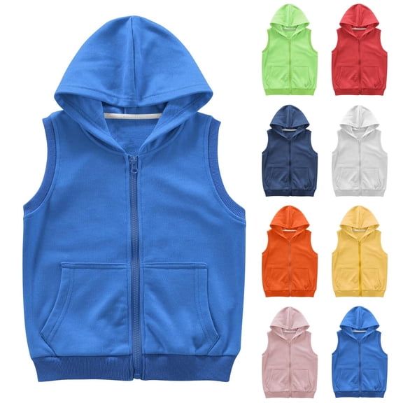 Bovxnpu Boys Sleeveless Zipper Hoodie Blouse Hooded Vests Zipper Pocket Sleeveless Cotton Inner Outer Tees
