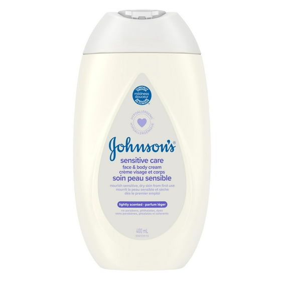 Johnson's Sensitive Care Crème pour Bébé Visage & Corps, Légèrement Parfumée, Huile de Tournesol, Vitamine B5, Peaux Sensibles & Sèches