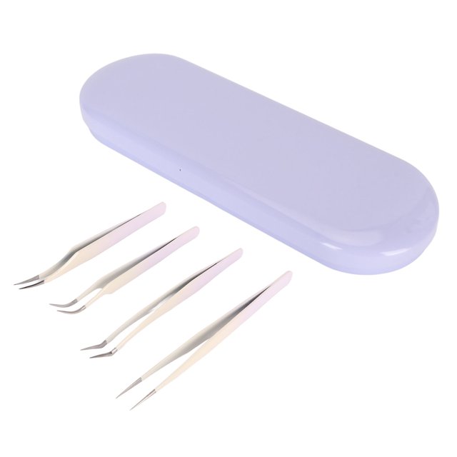 Kit de Pinces à Cils, Pinces à Extensions de Cils en Acier Inoxydable Ergonomiques Multifonctionnelles 4 Pcs Faciles à Utiliser avec Boîte de Rangement en Acier Inoxydable pour Voyage pour Maison Violet