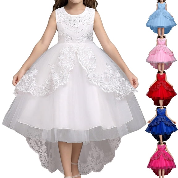 Gunia Flower Teen Girl Dresses For Wedding Solid Color Lace Sleeveless Knee Length Dress Formal White Dress For Girls 3-15 Y