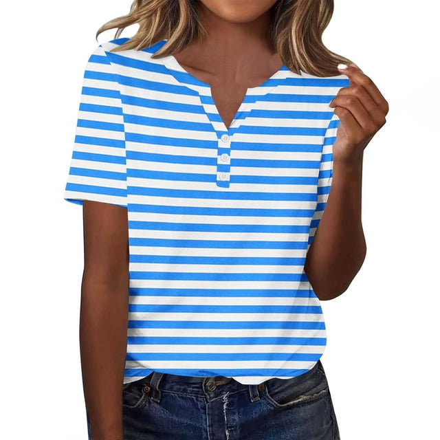 Plebaso T-Shirts à Rayures Col en V pour Femmes Manches Courtes Été Décontracté Blouses Amples pour Femmes