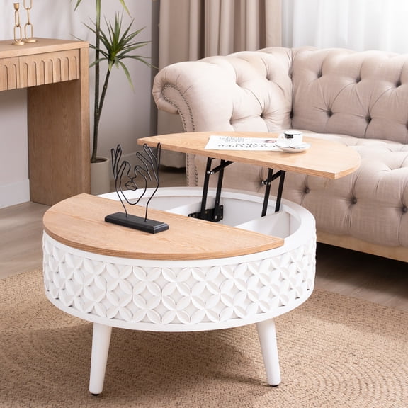 GDF Studio 31.5" Round Lift-Top Coffee Table with Storage, Carved Base, White and Light Oak