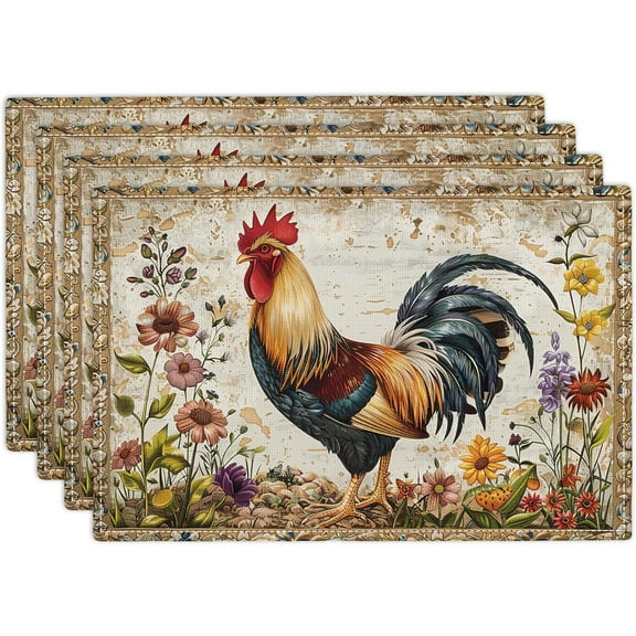 Farmhouse Rooster Placemats Set of 4 Rustic Chicken Imitation Linen Placemat Farm Heat Resistant Dining Place Mats Country Vintage Florals Table Mats for Kitchen Indoor Restaurants 12''x18''
