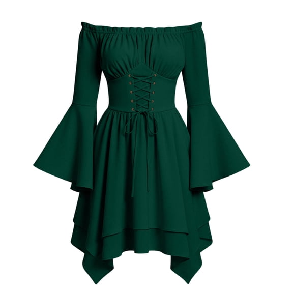 Iyufng Womens Off The Shoulder Flare Sleeve Corset Dresses Asymmetrical Hem Renaissance Faire Dress Halloween Party Costume