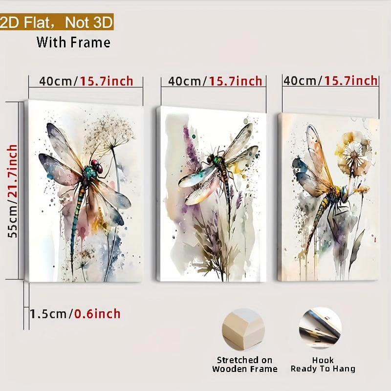 Framed 2D Flat Wall Art Featuring Three Colorful Dragonflies, Insect Prints, Watercolor Dragonfly Paintings, And Floral Images, Perfect for Decorating Bathroom And Living Room Walls