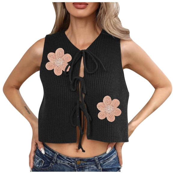 Womens Tank Tops- Women’s Tie Front Sweater Vest 2026 Summer Sleeveless Crochet Knit Tops Cute Flowers Crop Cardigan Sweaters Black M