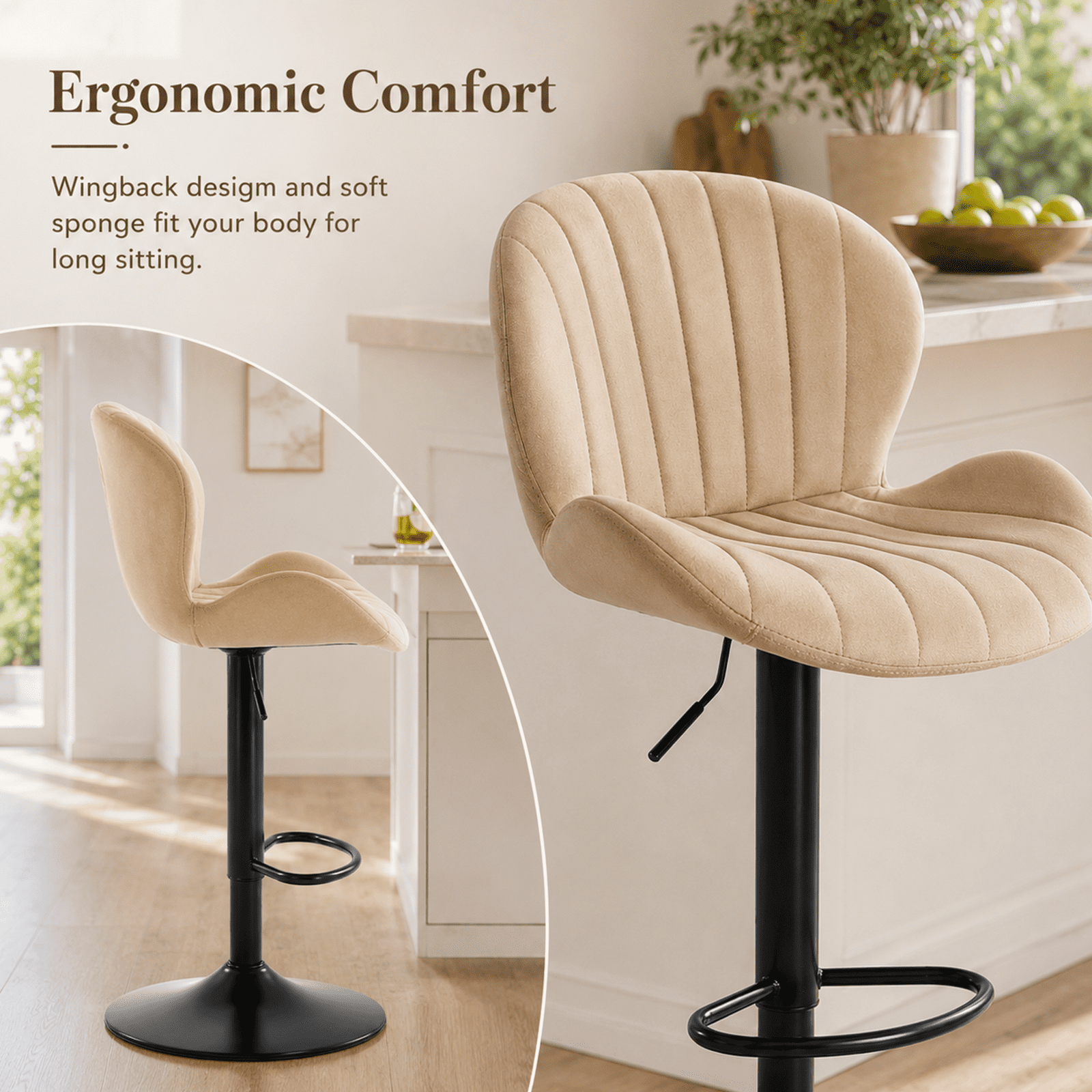 Alvantor Bar Stools Set of 2, Adjustable Swivel Barstools, Fabric Upholstered Barstools Counter Height with Backrest for Bar and Kitchen Island