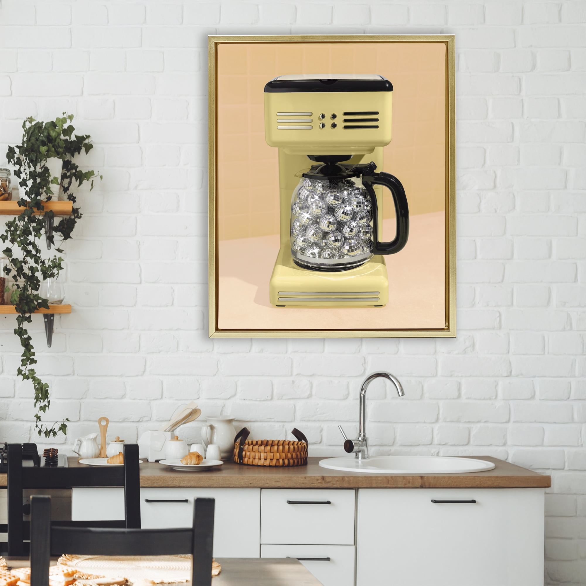 Stupell Industries Disco Coffee Maker over Yellow Gold Framed Floater Canvas Wall Art, design by LISH Creative
