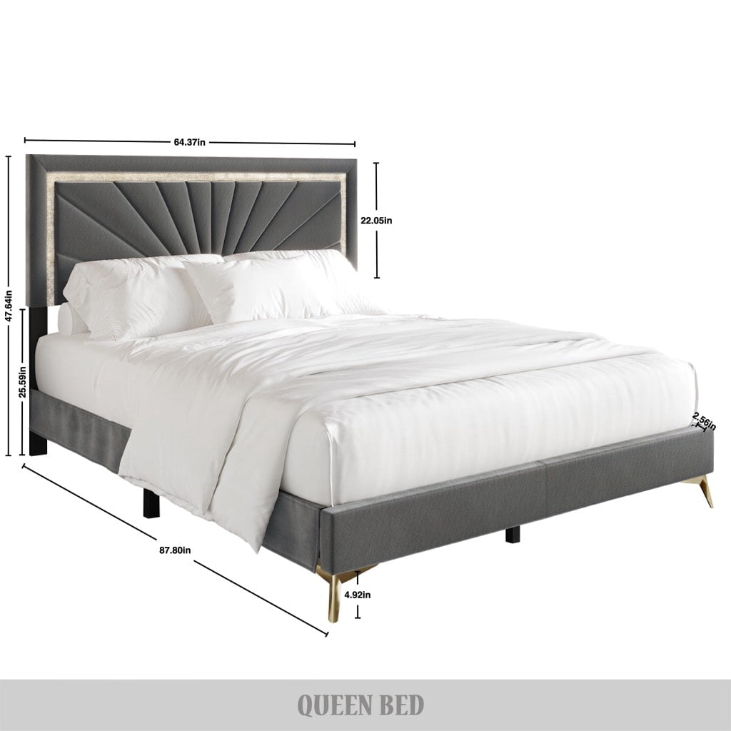 Castle Place Luxurious Diamond Strip Velvet Upholstered Bed Light Grey, Twin