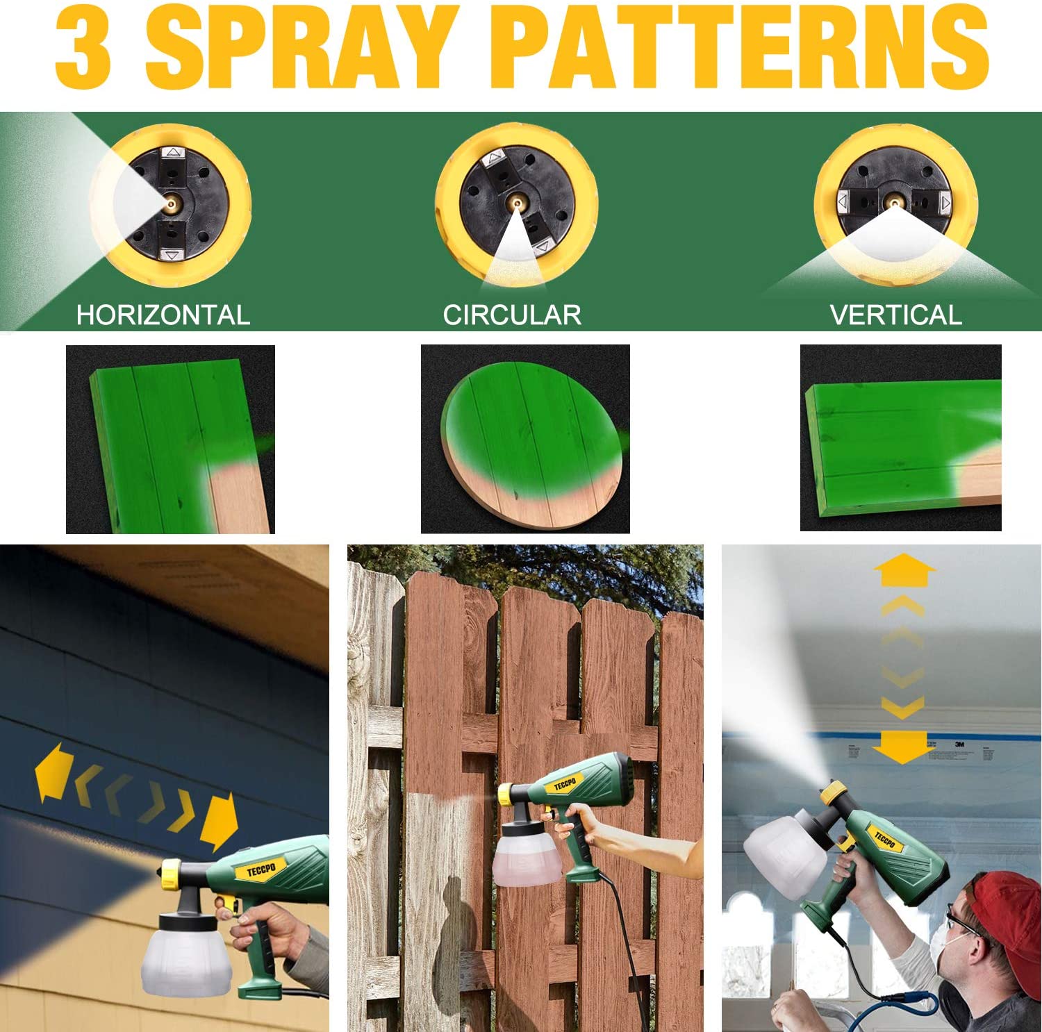 TECCPO Paint Sprayer, 4 Nozzles Sizes, 3 Spray Patterns, 1300ml Detachable Container, Great Finish - image 3 of 6