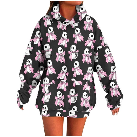 Moxiu Ghost Sweatshirts for Women Hoodies Long Sleeve Oversized Hooded Sweatshirt Spooky Season Pullover Tops Black,XXL