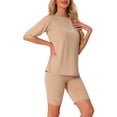thumbnail image 4 of INSPIRAR CHIC Conjuntos de 2 Piezas para Mujeres, Camiseta de Manga Corta con Letras Impresas, Pantalones Cortos Bodycon, Conjuntos de Lounge S Khaki, 4 of 6