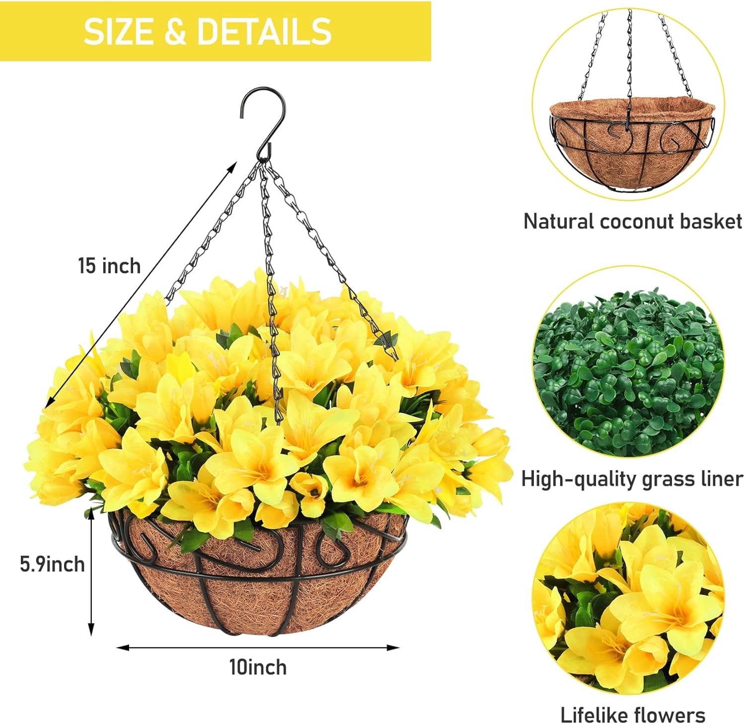 Artificial Hanging Flowers, Fake Silk Azalea Plants with Coconut Lining Hanging Baskets Outdoor for Spring Summer Yard Patio Front Porch Home Decorations, Yellow
