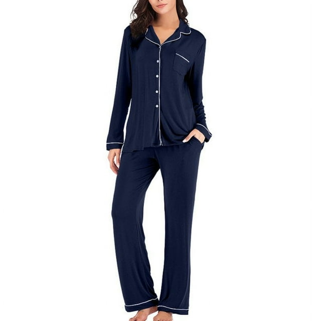 2 Pcs Automne Pyjama pour Femmes Ensemble de Couleur Unie Haut à Manches Longues et Pantalon Long Pyjama pour Dames