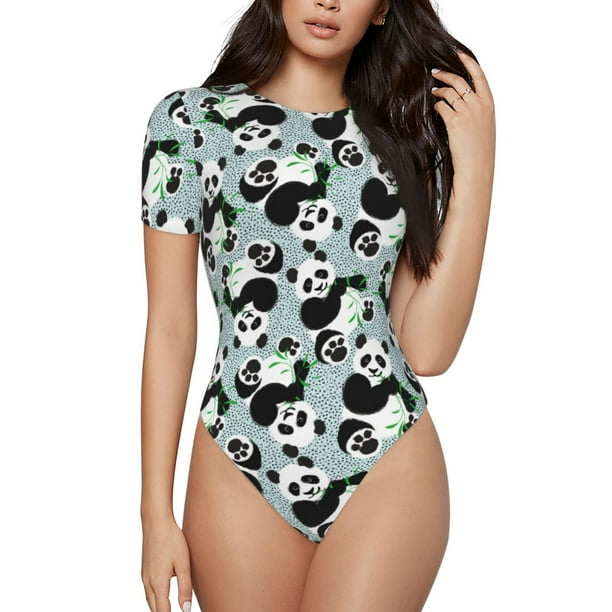Fotbe Panda And Eucalyptus Body de Mujer con Cuello Redondo y Mangas Cortas, Sin Mangas Ajustado, Suave, Cómodo y Básico-Small