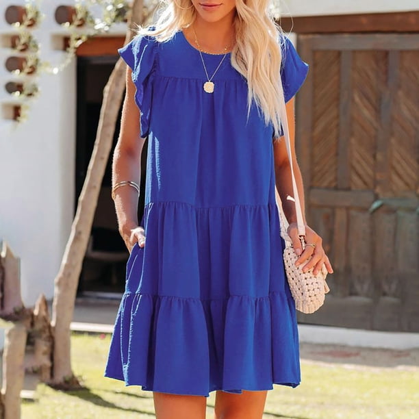 ICHUANYI Clearance Women's Fashion Holiday Summer Solid Color Round Neck Short Sleeve Party Beach Loose Dress(Blue, XXL) ICHUANYI WER2023080809189