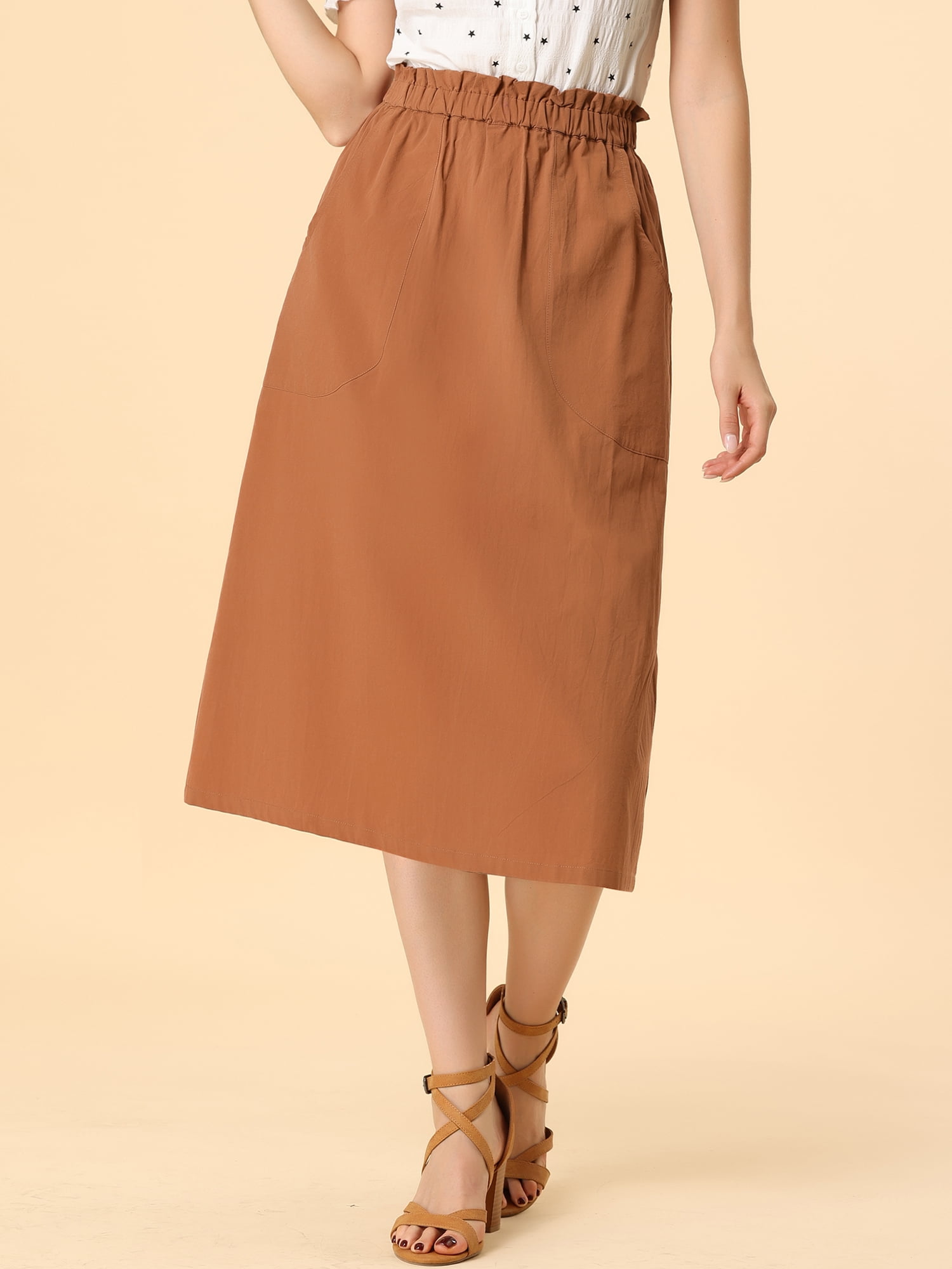 DARING DIVA Women's Cotton A-Line Midi Skirt with Pockets XS Brown