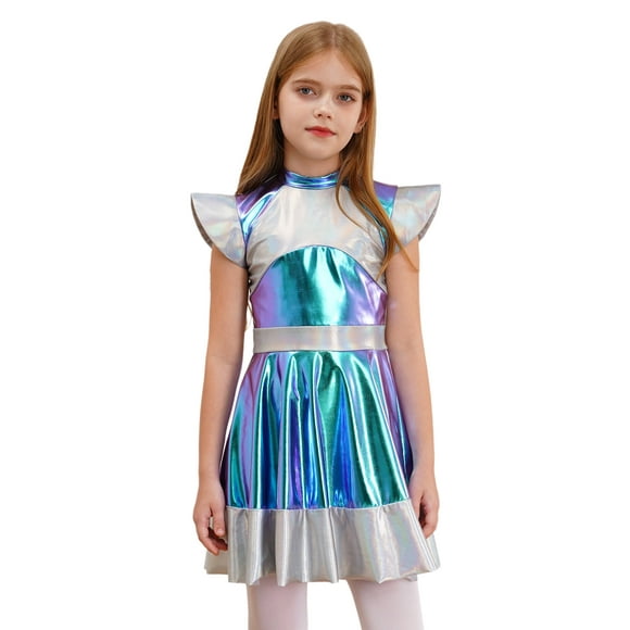 Hansber Kids Girls Alien Costume Cap Sleeve Metallic Dress Halloween Outer Space Robot Astronaut Cosplay Outfits Silver 8