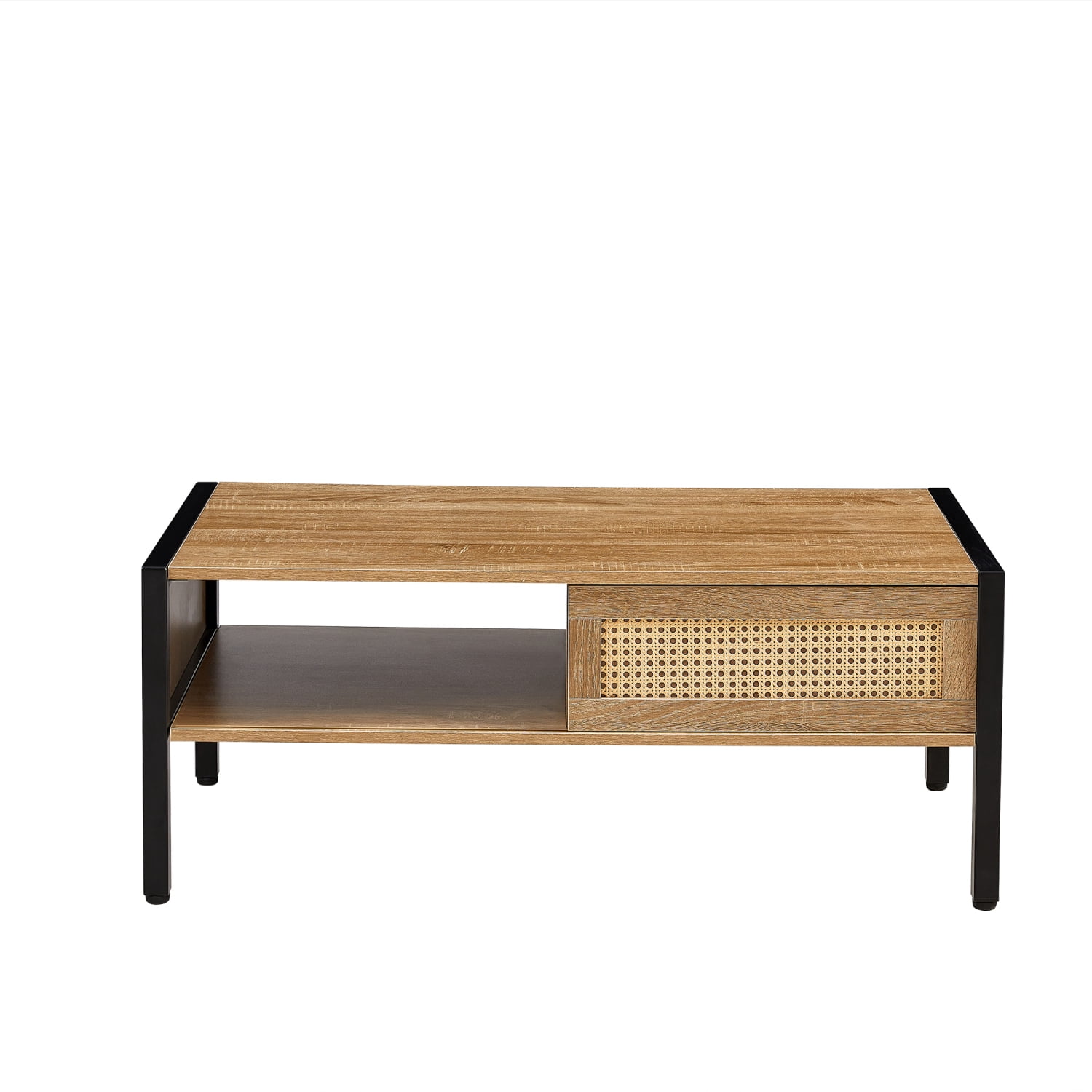 40.16" Rattan Coffee Table with Storage, Metal Legs, Modern Design for Living Room