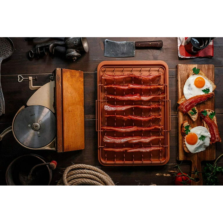 Gotham Steel 2 PC Baking Pan with Rack for Crispy Bacon + Air Fryer Basket for Bacon with Grease Catcher, Nonstick Bacon Cooker for Oven/Copper