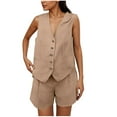 thumbnail image 3 of QATAINLAV Linen Sets for Women Sleeveless Button Down V Neck Vest Waistcoat and Shorts 2 Piece Outfits Business Casual Dressy Clothes, Khaki, M,, 3 of 7
