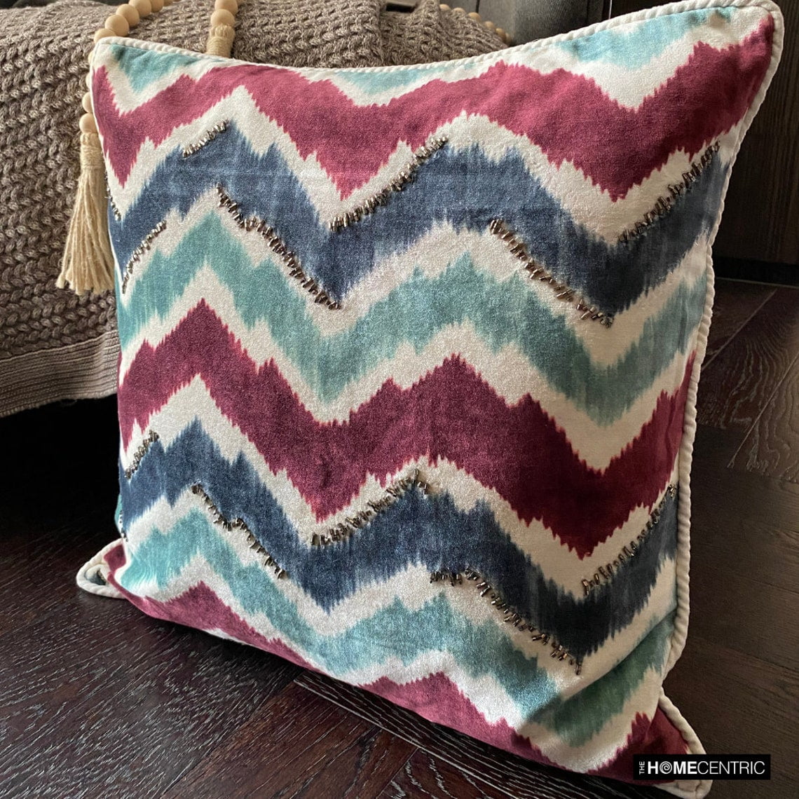 The HomeCentric Decorative Throw Pillow covers Blue 14"x14" (35x35 cm) Velvet Printed, Chevron, Bead Embroidery Outdoor furniture Cushion cover, Chevron Modern Style - Chevron Groove