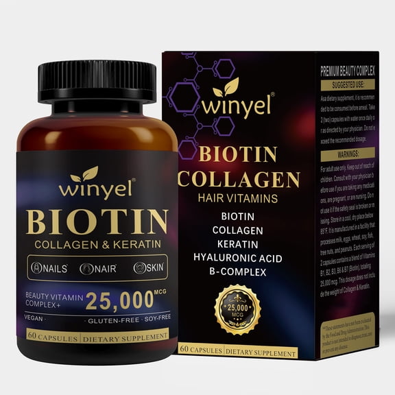 25000 MCG Biotin Collagen Keratin Hair Skin and Nails Vitamins, Hyaluronic Acid, B‑Complex, Vegan Gluten Free Soy Free Beauty Support Supplement for Women & Men, 60 Capsules