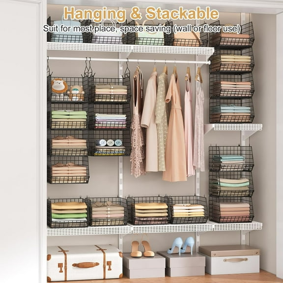 6 Tier Closet Hanging Organizer with Hooks - Foldable Wire Storage Bins for Clothes Shoes Accessories