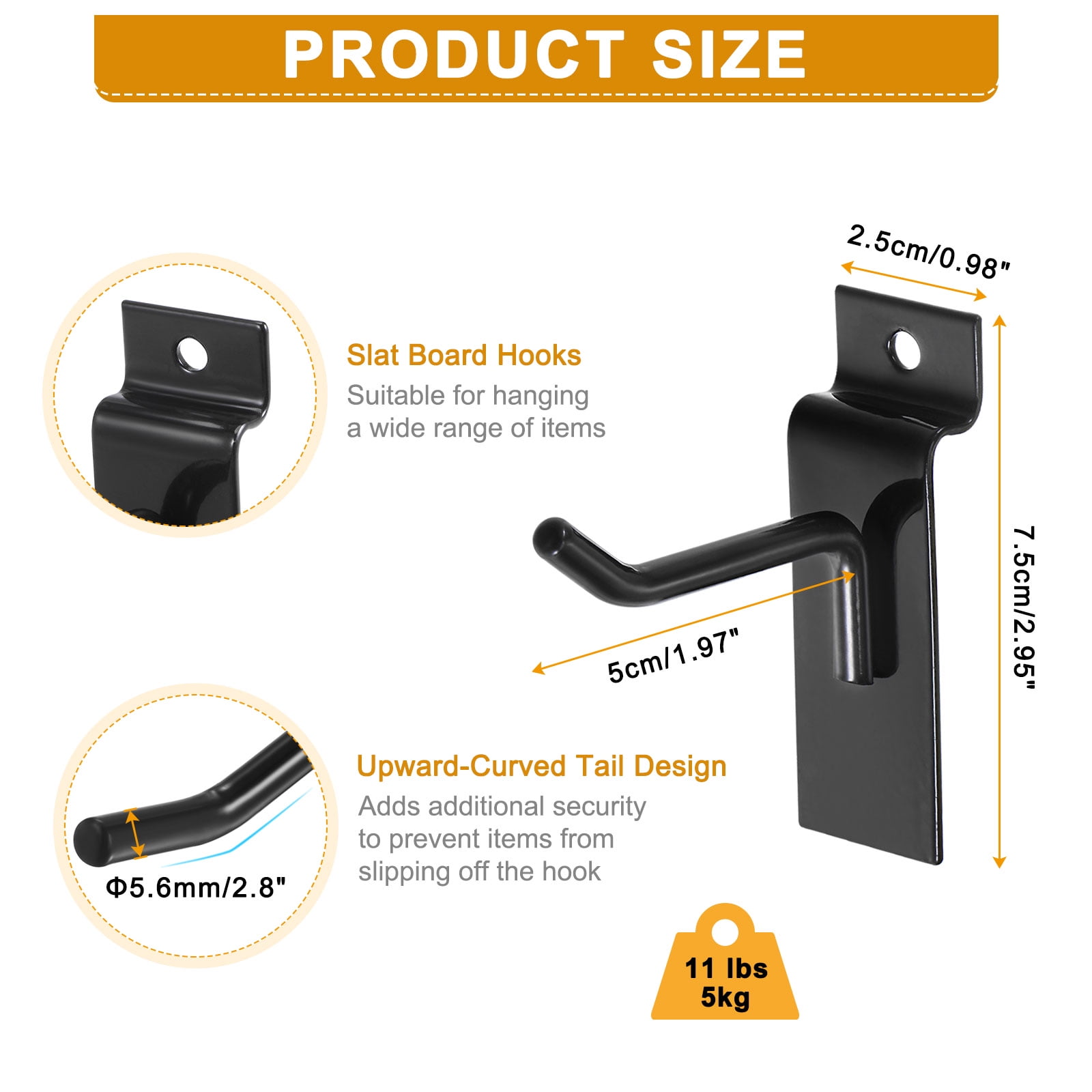 60packs Slat Wall Hooks 2" Length Pegboard Panel Hanging Hook, Black