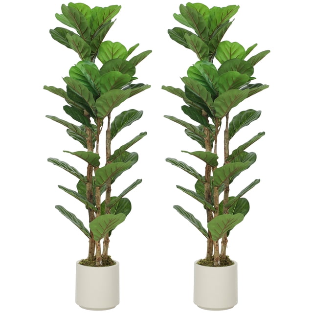 HOMCOM Faux Fiddle Leaf Fig Tree Set of 2, 4FT Fake Tree for Indoor Decor