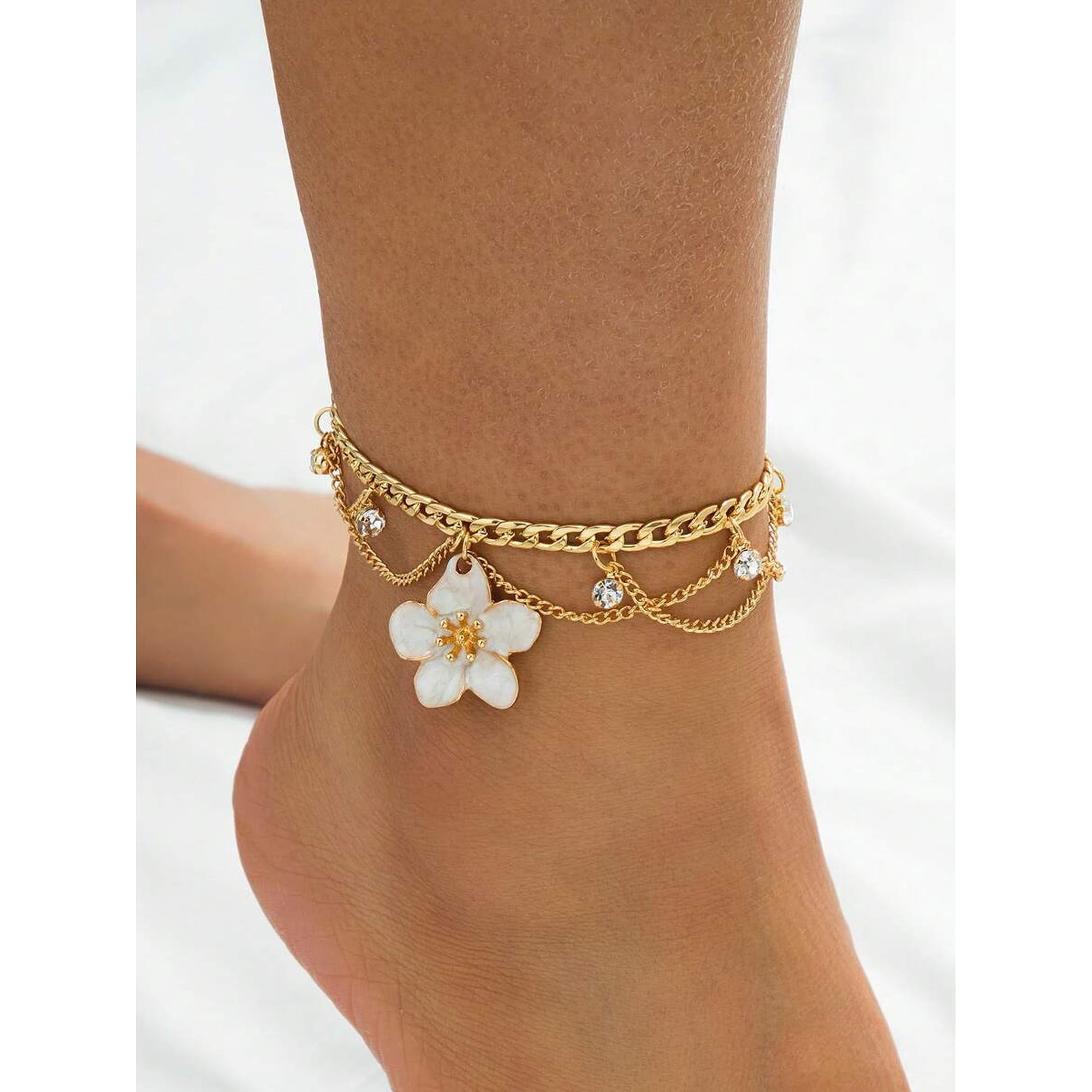 Multilayer Goldtone Anklet With White-3 Enamel Flower Charm And Crystal