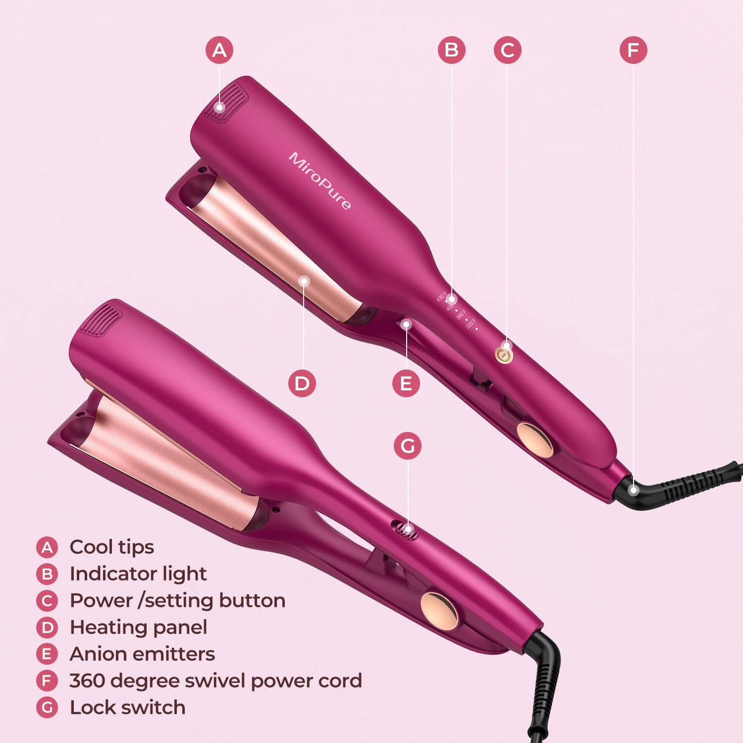 MiroPure Hair Waver Barrel Curling Iron Auto Shut-Off Adjustable Easy Shap Long Lasting Heat 320℉ - 430 ℉ Dual Voltage