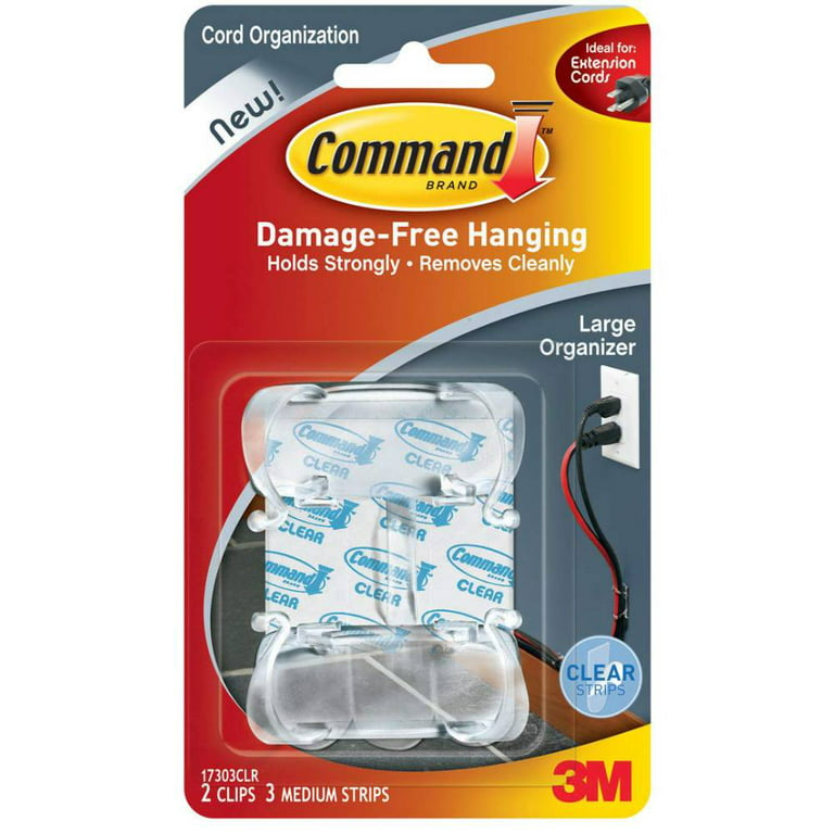 3M Command Large Cord Clips Hooks No Damage Adhesive 2 Clips 3 Strips  Clear, 2-Pack