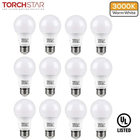 

TorchStar 12 Pack UL-listed A19 LED Light Bulbs for General Residential Commercial Lighting 9W(60W Equivalent) E26/E27 Base 3000K Warm White