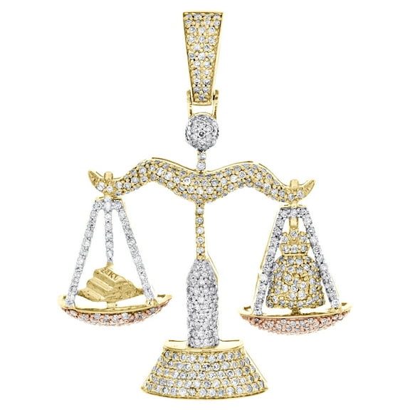 10KY Yellow Gold Round Diamond Scales of Justice Greek Pendant 1.90" Charm 2 CT.