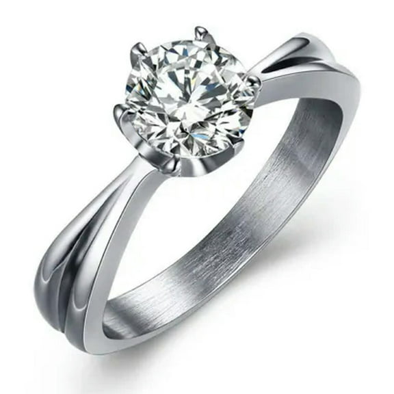 6mm AAA Cubic Zirconia Prong Setting Band Women's Stainless Steel Ring Size 6-9