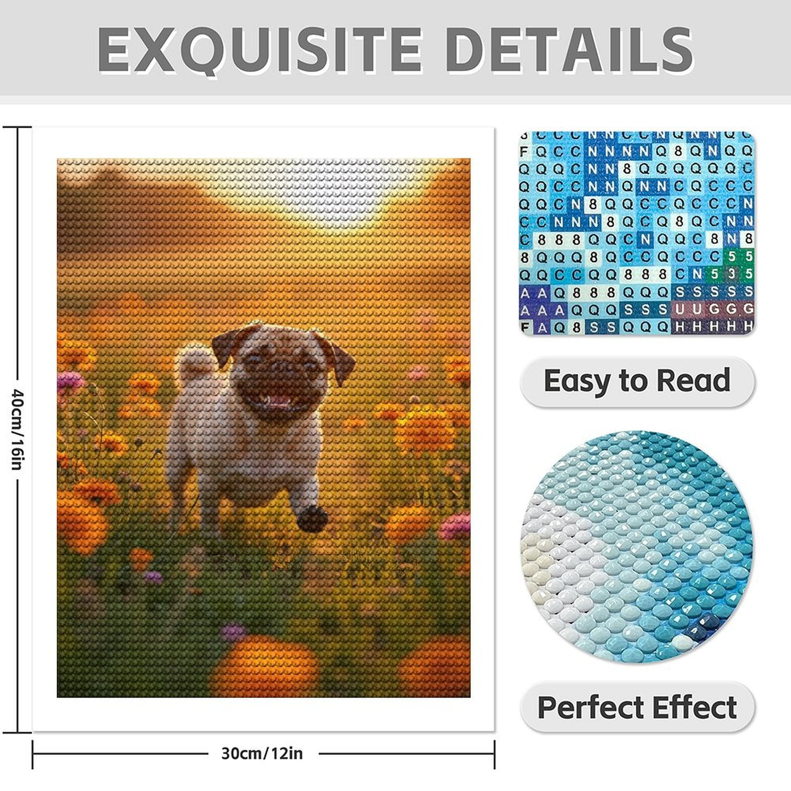 Diamond Art Kits for Adults - 5d Pug Sunset Blooming Meadow Diamond Painting for Adults, Diamond Art for Adults Beginners, Diamond Painting Kits for Adults for Home Wall Decor