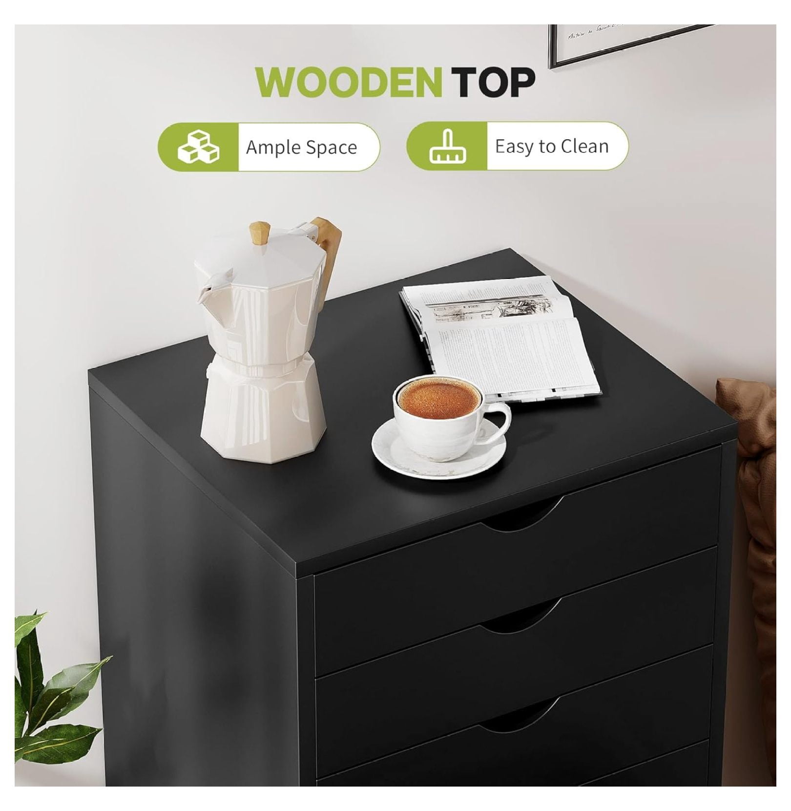 5-Drawer Chest, Office Storage Dresser File Cabinet with Wheels, Mobile Dresser for Home Office, Black
