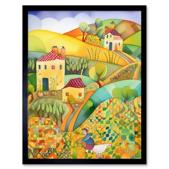 Countryside Farming Folk Art Watercolour Painting Art Print Framed Poster Wall Decor 12x16 inch