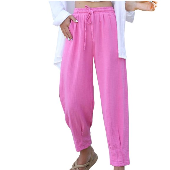 QQAMB Women's Summer High Waisted Baggy Pants Casual Ankle Length Trouser Slacks with Pockets Pink XL