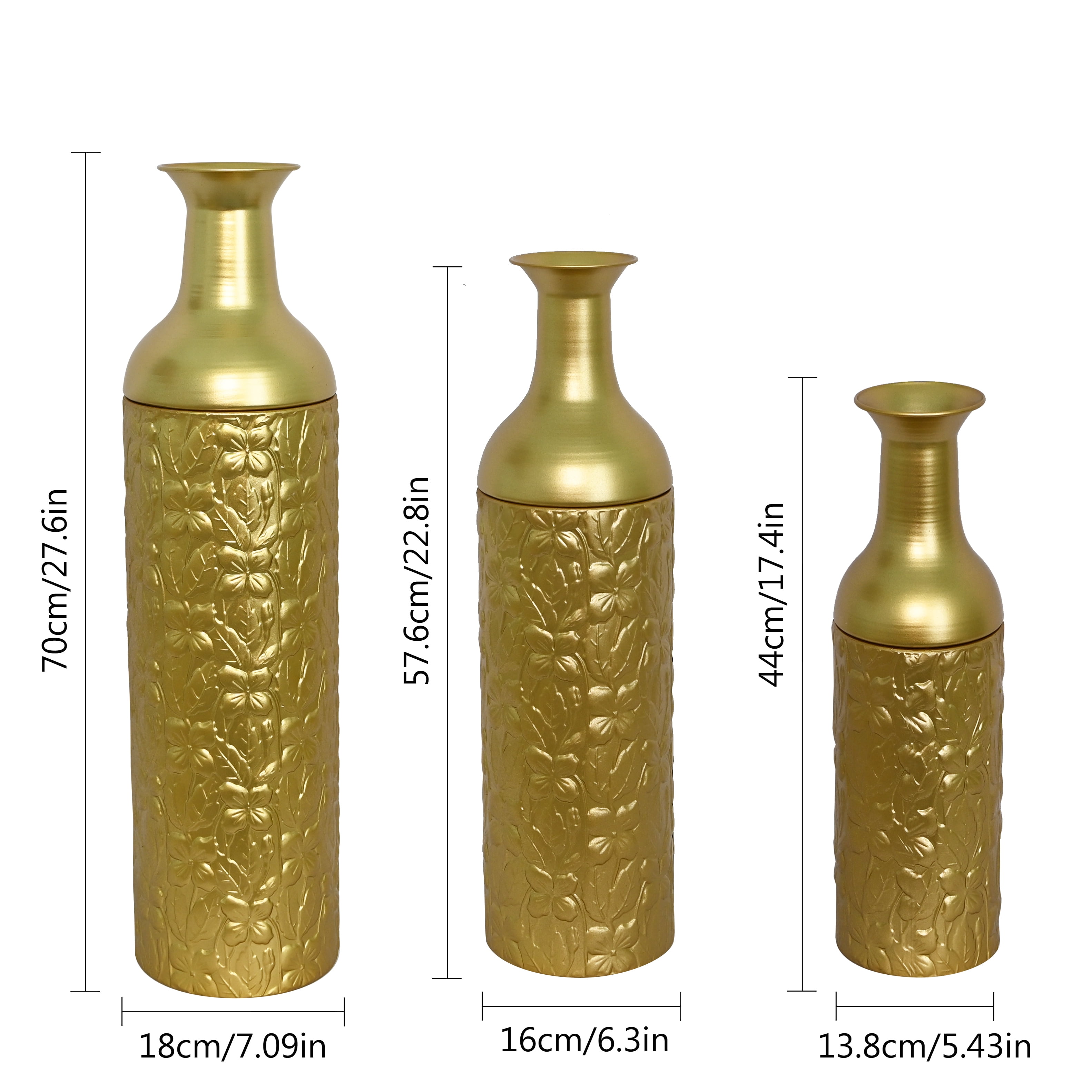 Metal Floor Vases Set of 3 with Leaf Pattern, Tall Decorative Vases and Home Decor Accents for Living Room Entryway, Gold