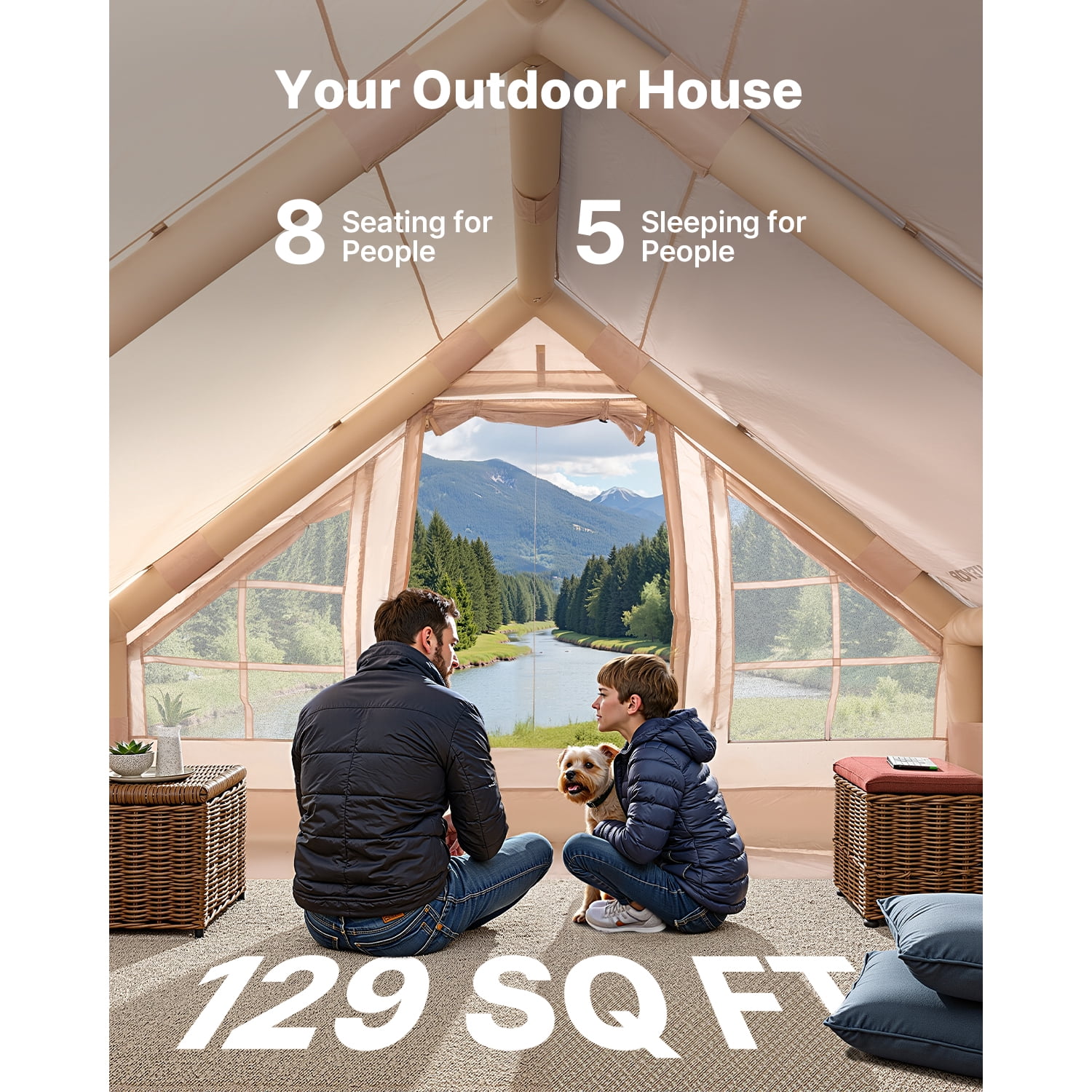 KFFKFF Inflatable Camping Tent for 5-8 Person, 13.12 x 9.84 x 6.56 Ft 300D Oxford Fabric Glamping Blow up Tent with Hand Pump, Waterproof Air Tent with Stove Jack