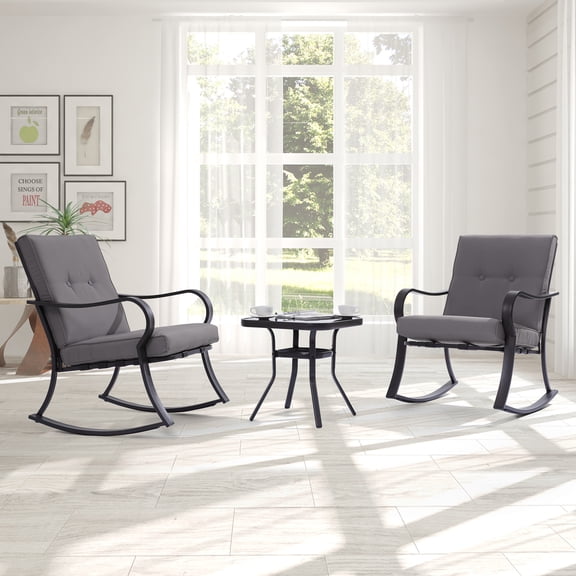 CHYVARY 3PCS Outdoor Steel Rocking Chair Table Set Patio Furniture Set w/ Gray Cushions