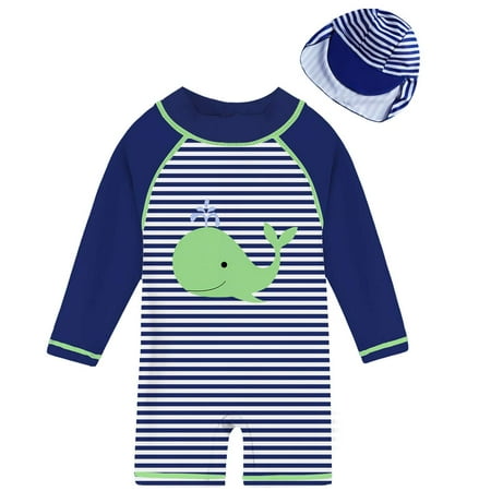 uideazone Little Baby Boy Swimsuit Striped Long Sleeve One Piece Rash Guard with Sun Hat Whale Bahting Suit Swimwear